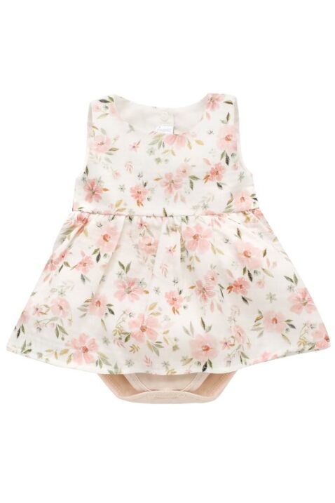 Baby & Neugeborenen Bodykleid im 2in1 Look aus Trägerkleid & Body in Weiß mit rosa Blumenmotiven von PINOKIO - Vorderansicht Sommerkleid ärmellos für Mädchen aus Baumwolle