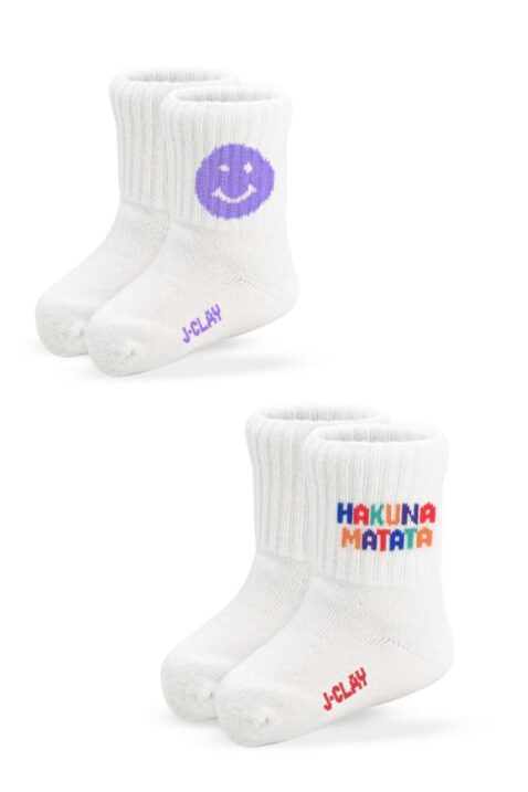 Baby & Kinder 2er-Pack Tennissocken Minis mit lila Smiley Motiv & Hakuna Matata Statement "Keine Sorgen, keine Probleme." Spruch in Weiß von J.CLAY Socks - Vorderansicht aller 2 halbhohen Babysocken & Kindersocken von 0 bis 4 Jahren