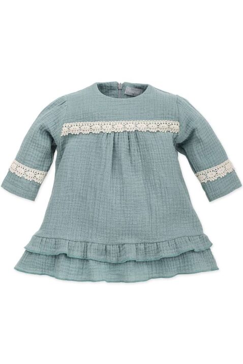 Baby & Kinder Langarmkleid mit Häkelspitze aus Musselin Baumwolle in Mintgrün von PINOKIO - Vorderansicht Mädchen Musselinkleid Sommerkleid langarm mit feiner Spitze