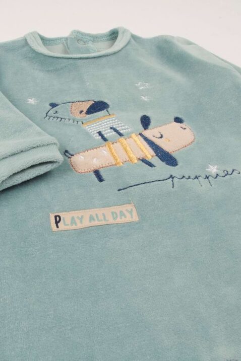 Kuscheliger Baby & Neugeborenen Nicki Velours Einteiler Schlafoverall mit Füßen, langarm & Rundhalsausschnitt von BABYBOL - Detailansicht Hunde Welpen Motiv & PUPPIS Print der blau türkisen langen Jungen & Mädchen Babyoverall Nachtwäsche mit Füßen für Herbst & Winter