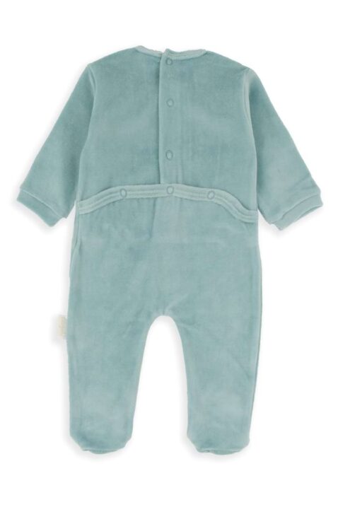 Warmer blaugrüner Nicki Schlafstrampler mit Fuß, Hunde Welpen Motive & PUPPIS Print für Babys & Neugeborene von BABYBOL - Rückansicht Schlupfeinstieg des Jungen & Mädchen langarm Pyjama Einteiler Schlafoverall mit Füßen in Velours-Optik für Herbst & Winter