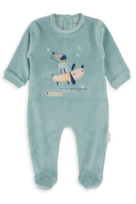 Türkis blauer Rundhals Nicki Schlafoverall mit Füßen, Hunde Welpen & PUPPIS Print in samtiger Velours-Optik für Jungen & Mädchen von BABYBOL - Vorderansicht warmer langarm Einteiler Schlafstrampler mit Fuß zum Reinschlüpfen für Babys & Neugeborene
