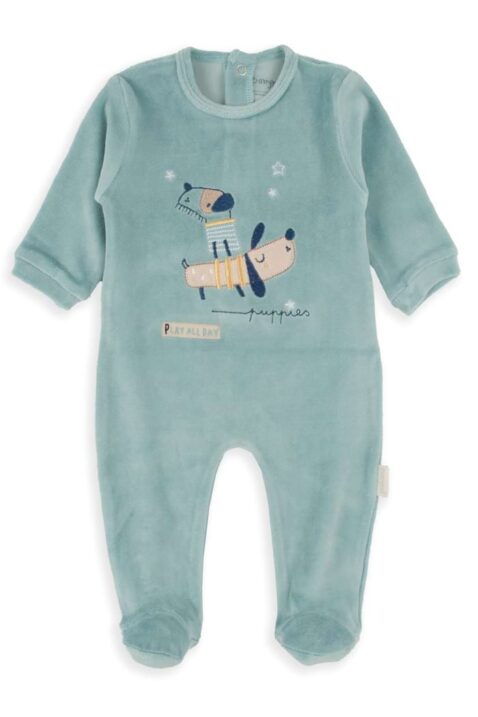 Türkis blauer Rundhals Nicki Schlafoverall mit Füßen, Hunde Welpen & PUPPIS Print in samtiger Velours-Optik für Jungen & Mädchen von BABYBOL - Vorderansicht warmer langarm Einteiler Schlafstrampler mit Fuß zum Reinschlüpfen für Babys & Neugeborene