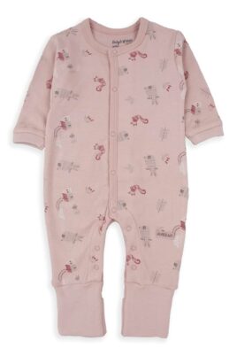 Rosa Baby & Kleinkinder Rundhals Schlafoverall mit Klappfuß & Tier- & Naturmotiven gemustert aus 100% Bio-Baumwolle von BABYBOL - Vorderansicht 2in1 mitwachsender flexibler langarm Organic Einteiler Schlafstrampler mit & ohne Fuß