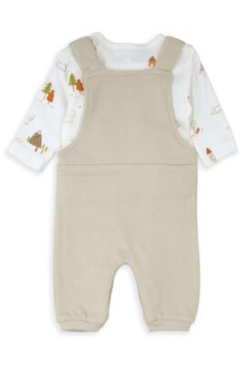 2-teiliges Baby & Kleinkinder Set aus beiger Latzhose unifarben & ecru weißem Rundhalsshirt langarm mit Tier- & Naturprint für Jungen & Mädchen von BABYBOL - Rückansicht 2er-Set Outfit Trägerhose Babyset ganzjährig aus Organic Cotton