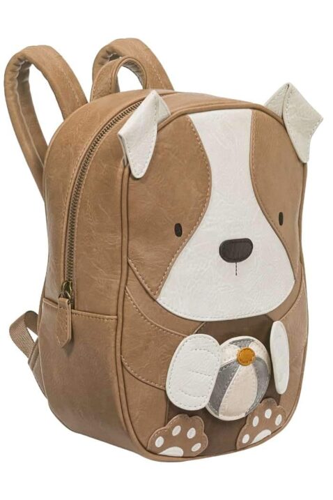 Hund Henri Vintage Kindergartenrucksack aus veganem Kunstleder in Braun - Kinderrucksack Bag mit Reißverschluss & recyceltem Material von LITTLE WHO - Seitenansicht Animal dog Kita Jungenrucksack & Mädchenrucksack ab 1 Jahr