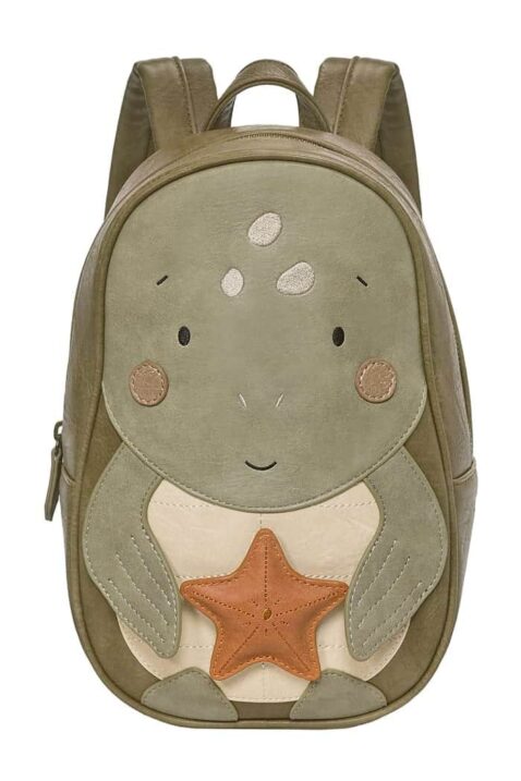 Großer XXL Schildkröte Marta Tier Kinderrucksack aus veganem Kunstleder für Jungen & Mädchen in Vintage Dark Green von LITTLE WHO - Vorderansicht grüner nachhaltiger Animal Backpack Kindergarten & Kita Rucksack mit Klettpatch Seestern
