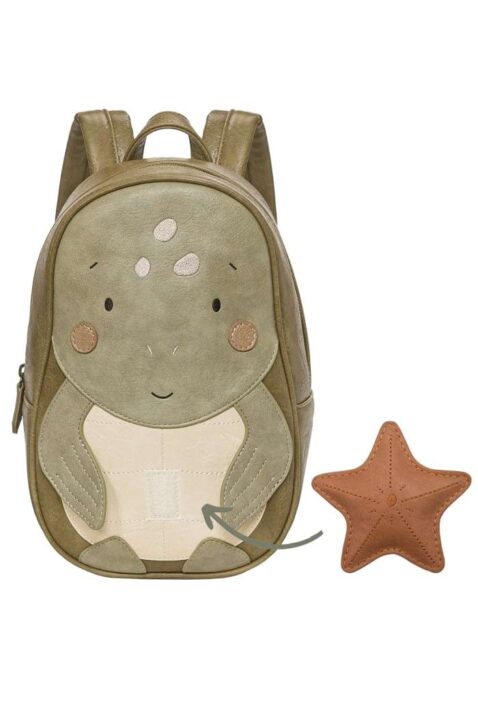 Grüner Mädchen & Jungen Turtle Babyrucksack aus veganem Kunstleder, verstellbarer Träger & recyeltem Futter von LITTLE WHO - Vorderansicht Lederimitat Schildkröten Kinderrucksack mit austauschbarem Klettpatch Seestern für Kita, Kindergarten, Schule & Freizeit