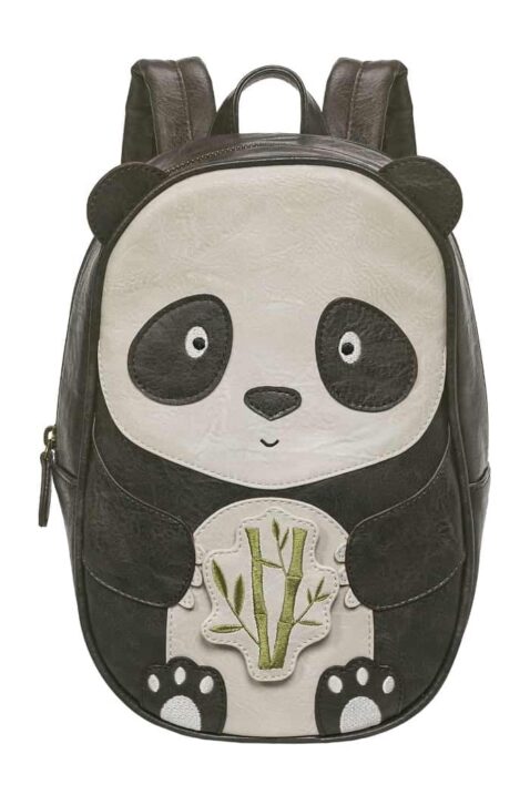 Großer XXL Panda Suki Tier Kinderrucksack aus veganem Kunstleder für Jungen & Mädchen in Vintage schwarz von LITTLE WHO - Vorderansicht nachhaltiger Animal Backpack Kindergarten & Kita Rucksack mit austauschbarem Bambus-Patch