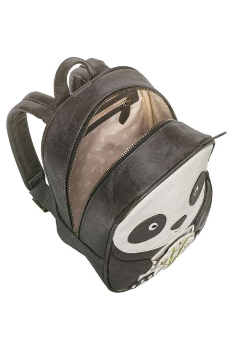 Schwarzer Panda Kinderrucksack aus veganem Kunstleder Animal recycelt für Jungen & Mädchen von LITTLE WHO - Draufsicht Lederimitat Tier Kindergartenrucksack, KITA-Rucksack, Schulrucksack & Freizeitrucksack mit Tiermotiv Panda Suki