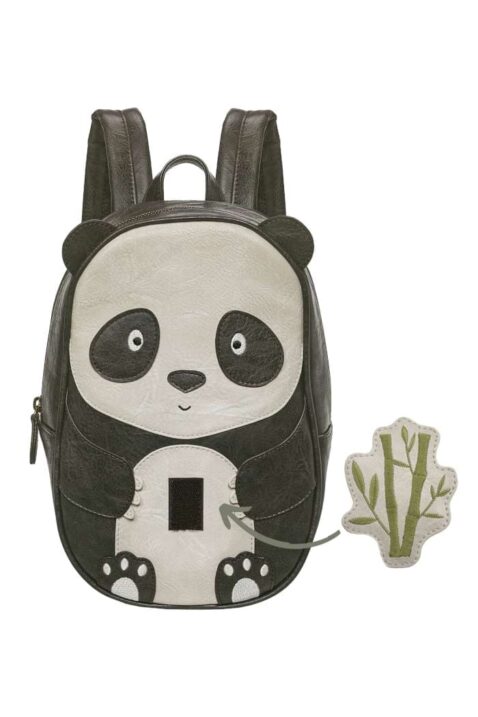 Schwarzer Mädchen & Jungen Panda Babyrucksack aus veganem Kunstleder, verstellbarer Träger & recyeltem Futter von LITTLE WHO - Vorderansicht Lederimitat Panda Suki Kinderrucksack mit austauschbarem Klettpatch Bambus für Kita, Kindergarten, Schule & Freizeit