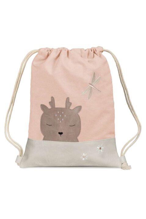 Hochwertiger Kinder Turnbeutel Sportbeutel mit REH Janne Tiermotiv aus veganem Kunstleder & Baumwolle in Rosa für Mädchen 26x34,5 cm von LITTLE WHO - Vorderansicht Deer fawn Kinderturnbeutel für Kindergarten, Schule, Kita, Sport & Freizeit