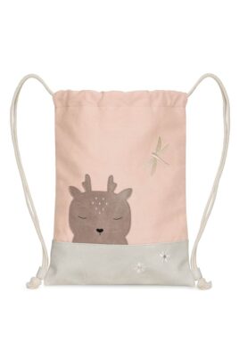 REH Tier Kinderturnbeutel mit verstellbaren Tragekordeln aus veganem Kunstleder, recyceltes Innenfutter & Baumwolle für Mädchen in Rosa von LITTLE WHO - Vorderansicht nachhaltiger fawn Kindergartenbeutel & Freizeitbeutel schadstoffgeprüft