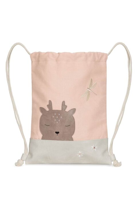 REH Tier Kinderturnbeutel mit verstellbaren Tragekordeln aus veganem Kunstleder, recyceltes Innenfutter & Baumwolle für Mädchen in Rosa von LITTLE WHO - Vorderansicht nachhaltiger fawn Kindergartenbeutel & Freizeitbeutel schadstoffgeprüft