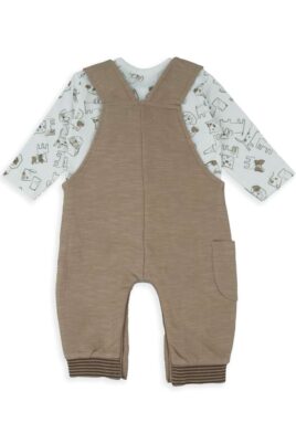 2-teiliges Baby & Kleinkinder Set aus hellbrauner melierter Latzhose unifarben mit Brusttasche & ecru weißem Rundhalsshirt langarm mit Hundeprint für Jungen von BABYBOL - Rückansicht 2er-Set Outfit Trägerhose Babyset ganzjährig aus Baumwolle