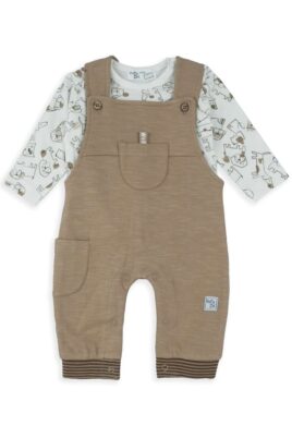 Baby & Kinder 2-teiliges Set aus brauner Latzhose Trägerhose meliert unifarben mit Taschen & Rundhals Langarmshirt mit Hunden gemustert für Jungen in Ecru Weiß von BABYBOL - Vorderansicht Dog Langarm 2er Jungenset aus Baumwolle