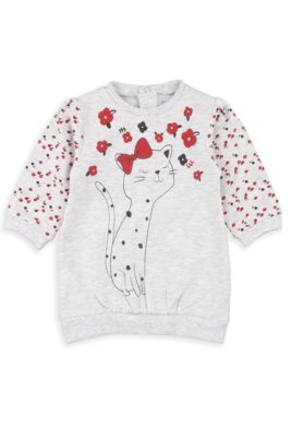 Baby & Kinder leichtes Langarmkleid mit Kätzchen Motiv & Blumen gemustert in Hellgrau für Mädchen von BABYBOL - Vorderansicht meliertes Babykleid Cat Sweatkleid langarm aus Baumwollmischung ganzjährig