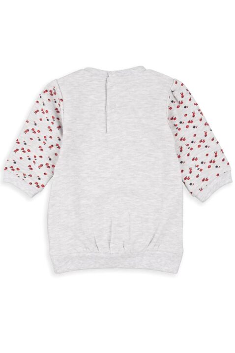 Meliertes graues Mädchenkleid langarm mit Katzen-Motiv, Blumen gemustert & Raffungen am Saum für Babys & Kinder von BABYBOL - Rückansicht leichtes Babykleid & Kinderkleid für Frühling, Sommer, Herbst & Winter