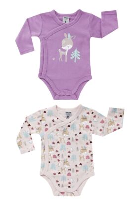 Neugeborenen & Baby 2er-Pack Wickelbody langarm mit Rehkitze & Waldmotiven unifarben & gemustert von BOLEY - Vorderansicht aller 2 atmungsaktiven Langarmbodys im Wickelstil mit deer, fawn im 2er Mädchenset aus Baumwolle