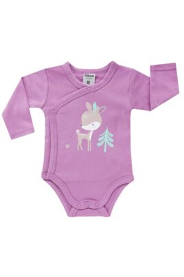 Hochwertiges Neugeborenen 2er Babyset Wickelbody langarm mir Rehkitz für Mädchen aus Baumwolle von BOLEY - Vorderansicht des unifarbenen lila Langarmbodys mit Rehmotiv aus 100% Baumwolle für Mädchen