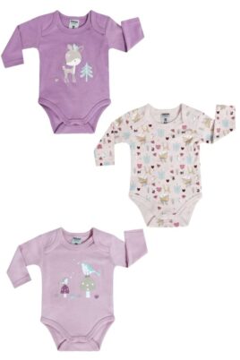 Neugeborenen, Baby & Kleinkinder 3er-Pack Langarmbodys mit Rehkitze, Vögel, Bäume unifarben & gemustert in Lila, Bunt & Rosa von BOLEY - Vorderansicht aller 3 atmungsaktiven Mädchenbodys mit langen Ärmeln mit bird, deer, fawn im Mädchenset aus Baumwolle