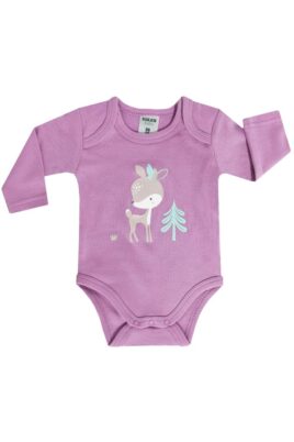 Hochwertiges Neugeborenen 3er Babyset Body langarm mit Rehkitz für Mädchen aus Baumwolle von BOLEY - Vorderansicht des unifarbenen lila Langarmbodys mit Rehmotiv aus 100% Baumwolle für Mädchen