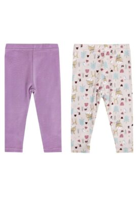 Basic Neugeborenen, Baby & Kleinkinder 2er-Pack Leggings Schlupfhose unifarben & Rehe gemustert in Lila, Bunt & Rosa von BOLEY - Vorderansicht aller 2 atmungsaktiven, praktischen & bequemen Babyleggings im Mädchenset aus Baumwolle