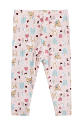 Neugeborenen, Baby & Kleinkinder 2er Multipack Mädchen Basic Leggings pants von BOLEY - Vorderansicht der rosa All-over-Print gemusterten Mädchenleggings aus Baumwolle mit Rehkitze, Pilze, Blätter & Bäume für Frühling, Sommer, Herbst & Winter