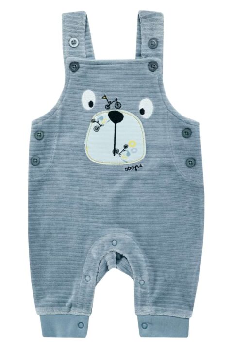2er Babyset & Kinderset aus Shirt langarm mit Fahrrädern gemustert & Velours Trägerhose in Hellblau von JACKY - Vorderansicht Nicki Latzhose mit gesticktem Bär aus Bio-Baumwolle im 2-teiligem Jungenset für Frühling, Herbst & Winter