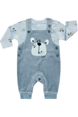 Neugeborenen, Baby & Kleinkinder 2-teiliges Set aus blauer Nicki Velours Latzhose Trägerhose mit Bär & Dropneedle-Struktur + Rundhals Langarmshirt mit Fahrrädern & Bikes gemustert für Jungen in Hellblau von JACKY - Vorderansicht 2er Jungenset aus Bio-Baumwolle