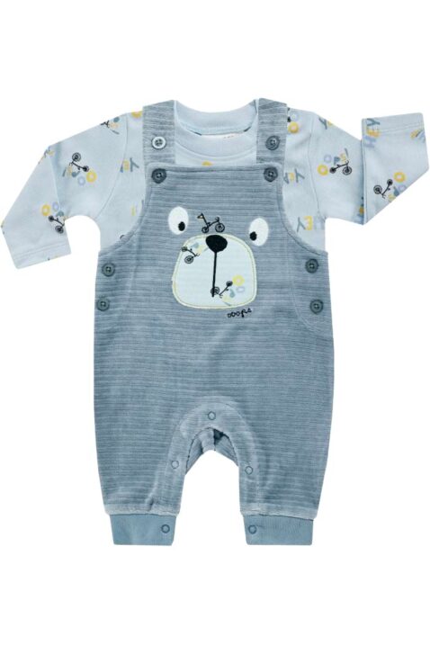 Neugeborenen, Baby & Kleinkinder 2-teiliges Set aus blauer Nicki Velours Latzhose Trägerhose mit Bär & Dropneedle-Struktur + Rundhals Langarmshirt mit Fahrrädern & Bikes gemustert für Jungen in Hellblau von JACKY - Vorderansicht 2er Jungenset aus Bio-Baumwolle