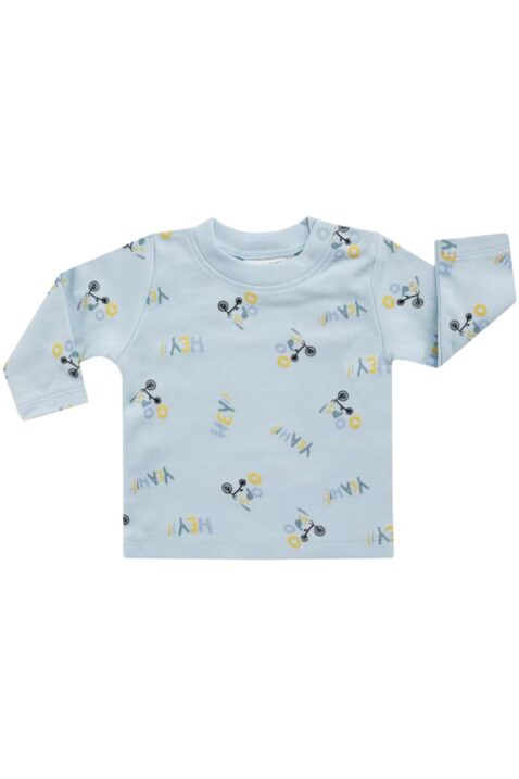 2er Babyset & Kinderset Outfit aus Shirt mit langen Ärmeln in Hellblau + Nicki Latzhose mit Bär aus Bio-Baumwolle von JACKY - Vorderansicht des Langarmshirts mit Rundhalsausschnitt & Fahrradmotiven des Jungen Zweiteilers